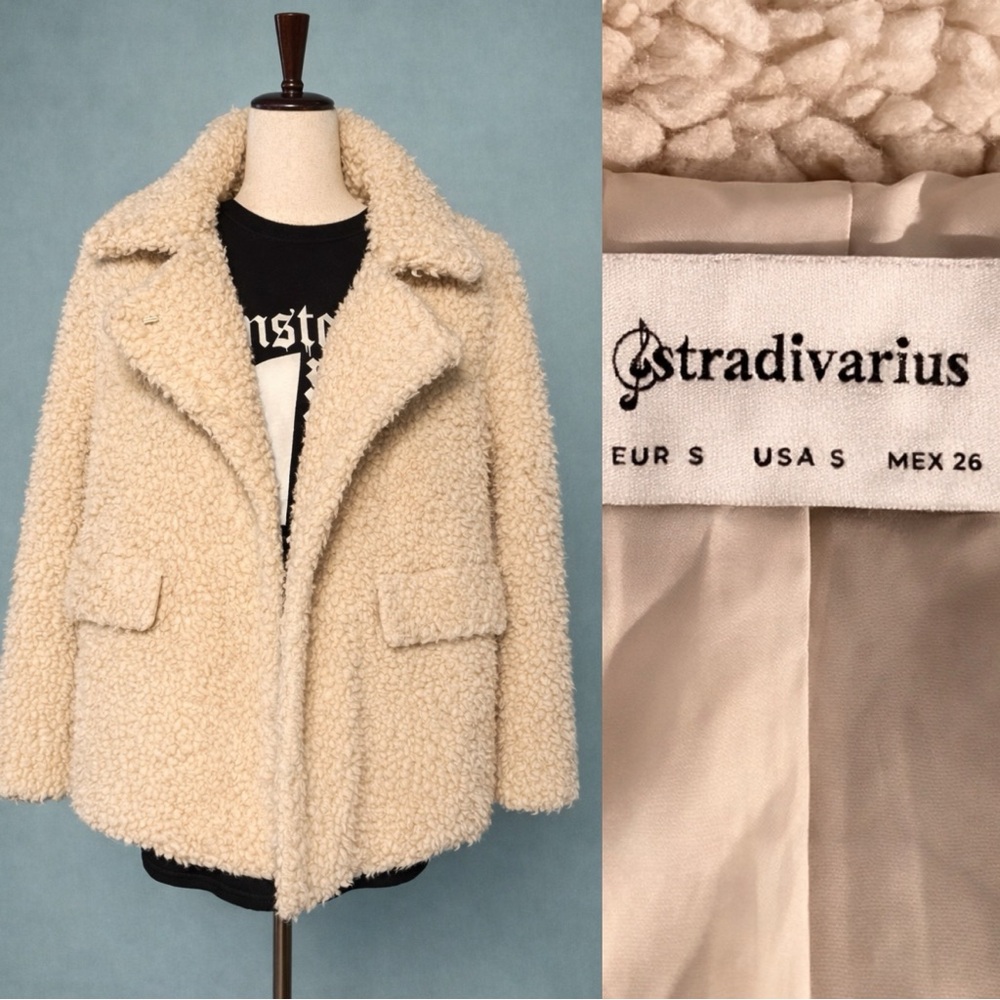 Stradivarius teddy faux fur ivory oversized coat jacket. S